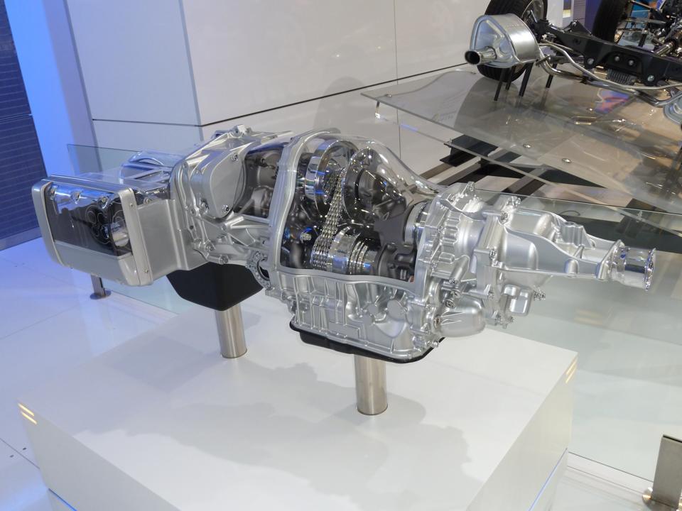 A cutaway continuously variable transmission (CVT) on display