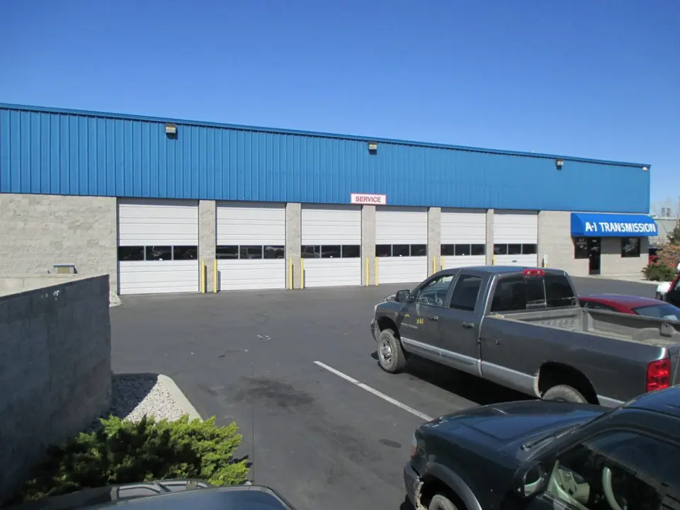 A-1 Transmission building at 670 E Grove St, Reno, with its service bays and blue sign